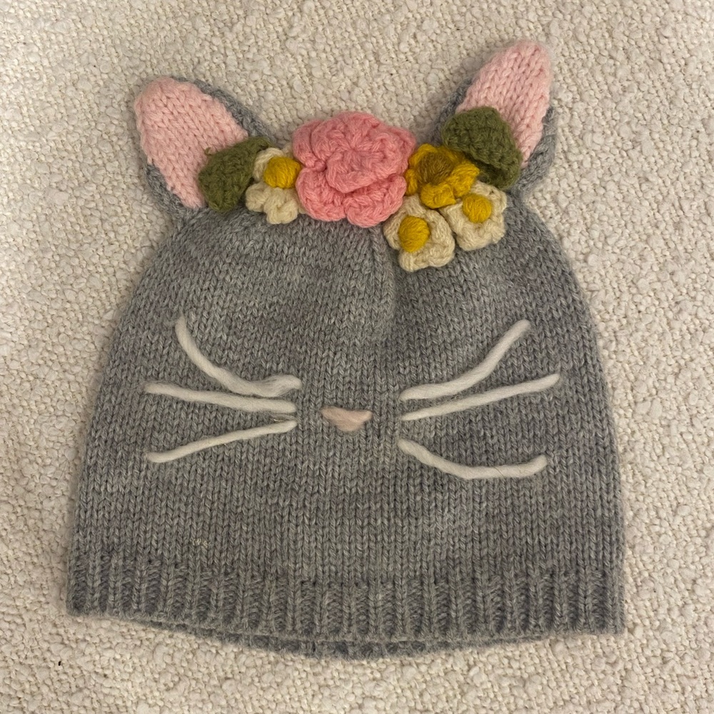 Mud Pie Baby Gray Cat Knit Beanie with Pink and Yellow Floral detail